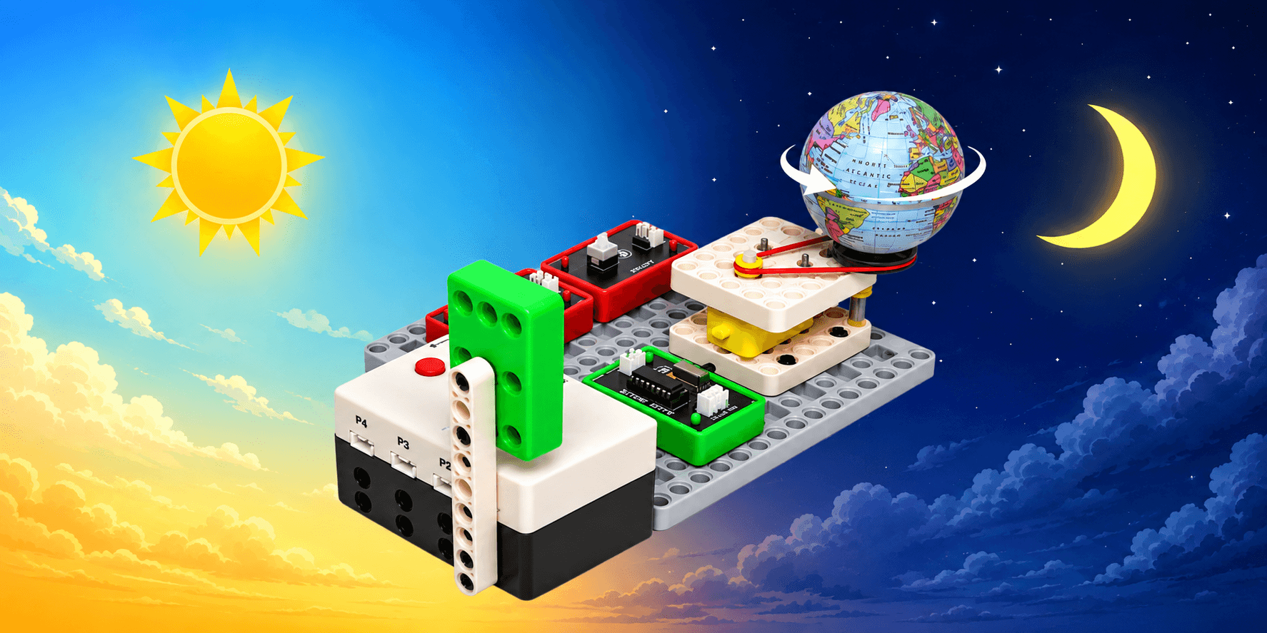 Day and night learning model built with STEM construction and electronics components