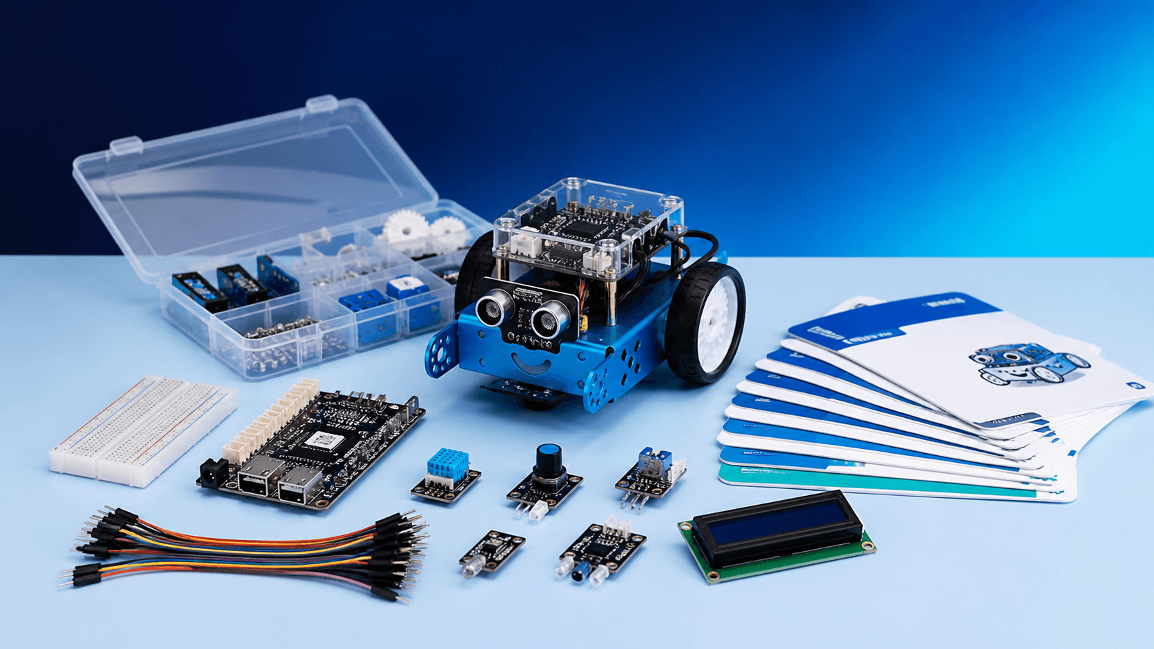 Robotics learning kit with sensors and electronic components